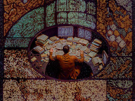Capa ilustrando homem no meio de livros e computadores e outras estruturas que lembram condutores