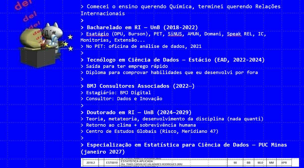 Slide com a trajetória acadêmica e profissional, do ensino médio até o doutorado e a especialização em estatística
