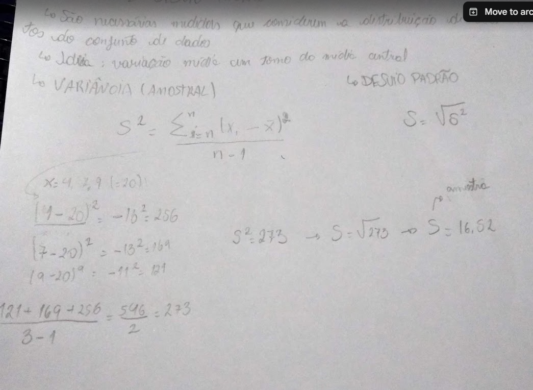 Minhas notas manuscritas de estatística aplicada, calculando variância e desvio padrão